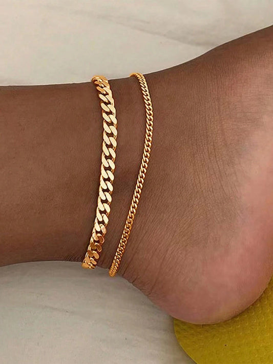 2pcs/Set Women's Gold Stainless Steel Cuban Link Anklet, Beach Foot Chain