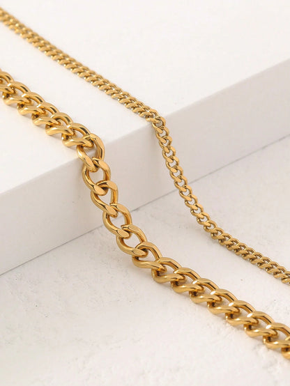 2pcs/Set Women's Gold Stainless Steel Cuban Link Anklet, Beach Foot Chain