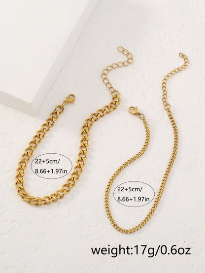 2pcs/Set Women's Gold Stainless Steel Cuban Link Anklet, Beach Foot Chain