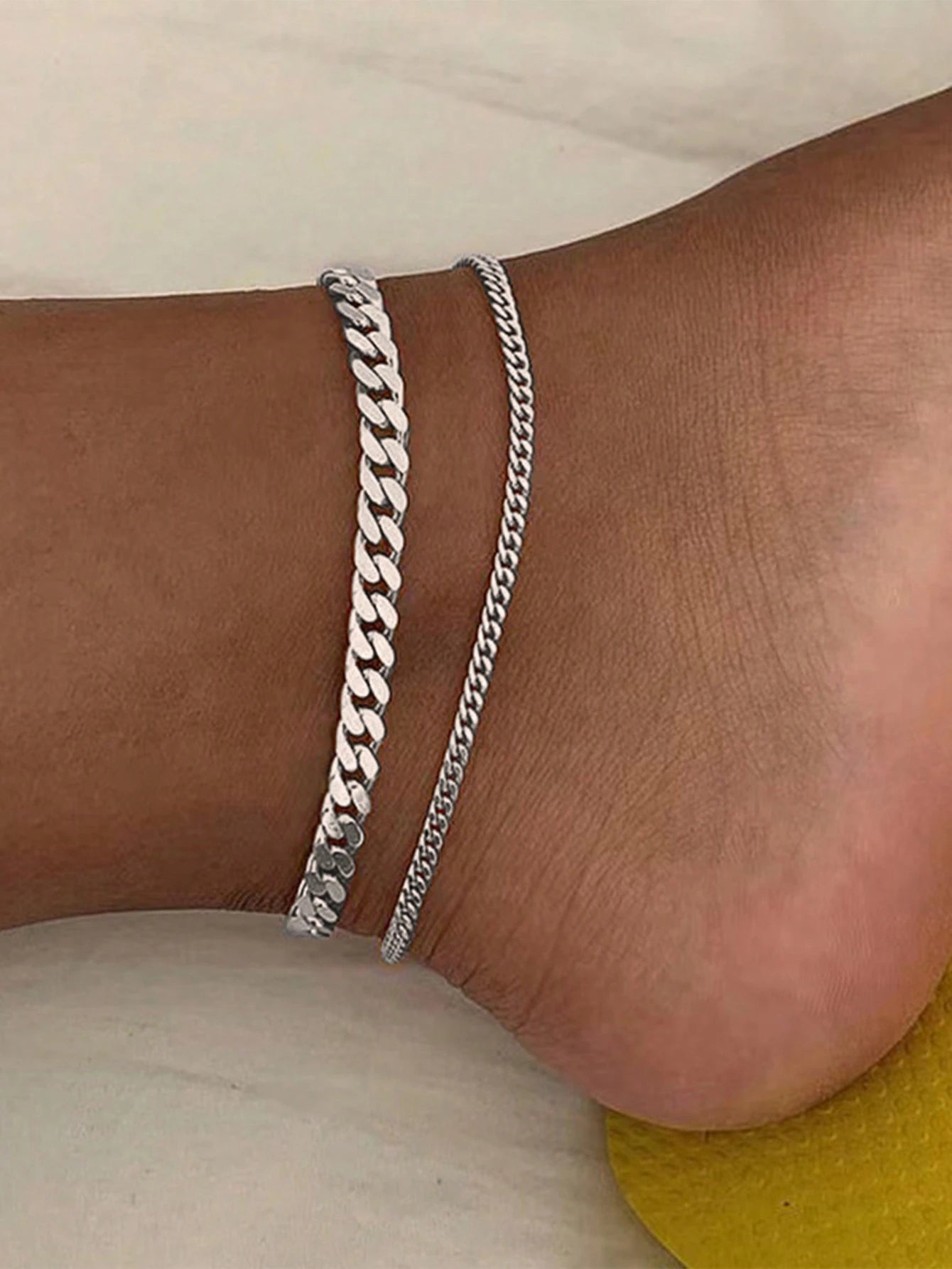 2pcs/Set Women's Gold Stainless Steel Cuban Link Anklet, Beach Foot Chain