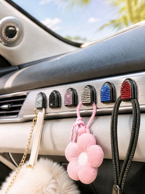 2pcs Shiny Car Hooks, Crystal Rhinestone Self-Adhesive Mini Storage Hooks, Sparkling Diamond Car Interior Accessories, Suitable For Women And Girls, Applicable To Dashboard, Hanging Keys, Cables, Mask