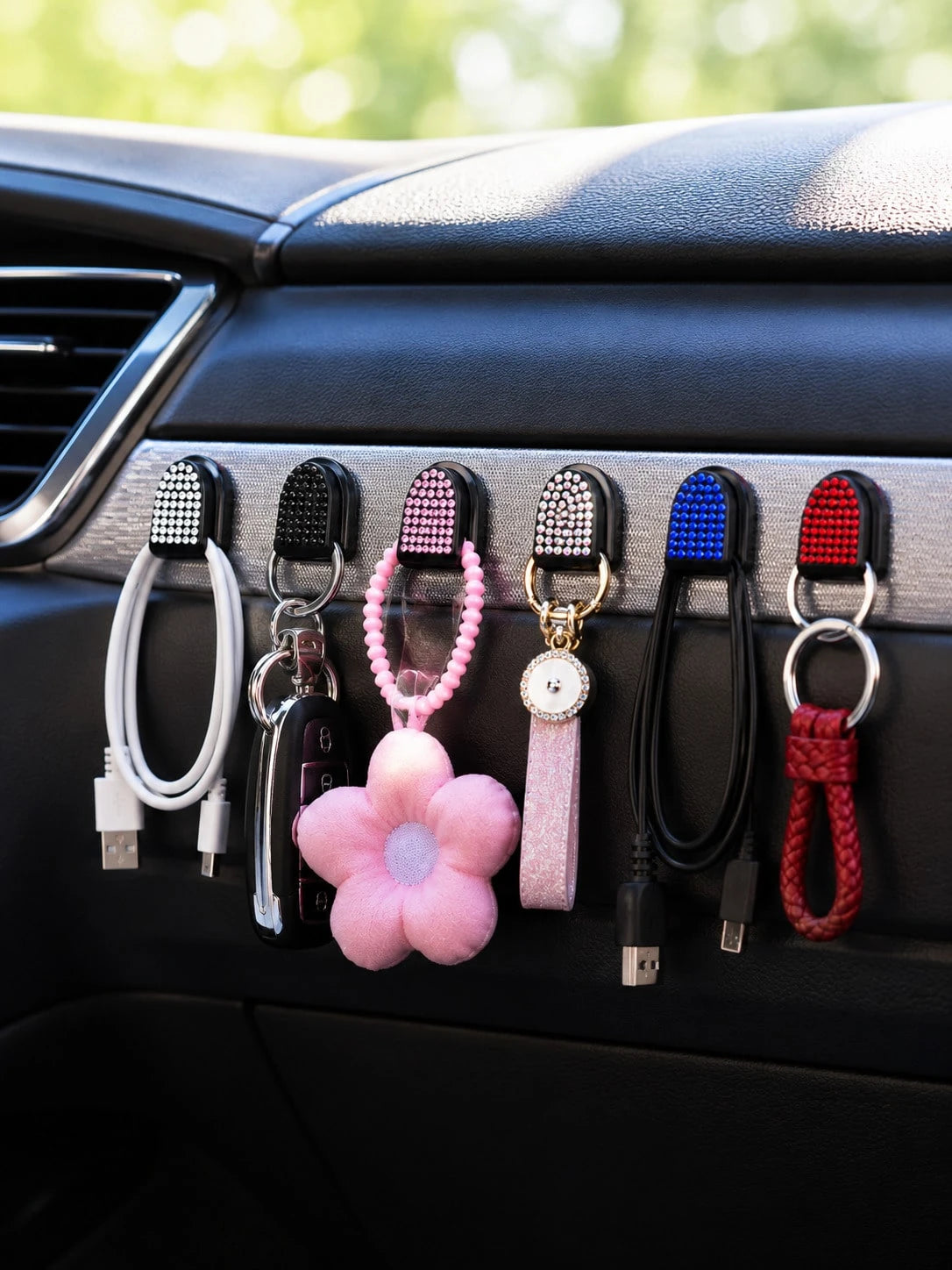 2pcs Shiny Car Hooks, Crystal Rhinestone Self-Adhesive Mini Storage Hooks, Sparkling Diamond Car Interior Accessories, Suitable For Women And Girls, Applicable To Dashboard, Hanging Keys, Cables, Mask