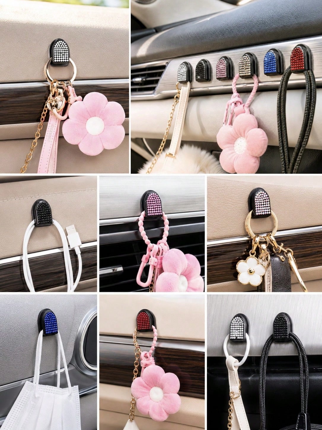 2pcs Shiny Car Hooks, Crystal Rhinestone Self-Adhesive Mini Storage Hooks, Sparkling Diamond Car Interior Accessories, Suitable For Women And Girls, Applicable To Dashboard, Hanging Keys, Cables, Mask