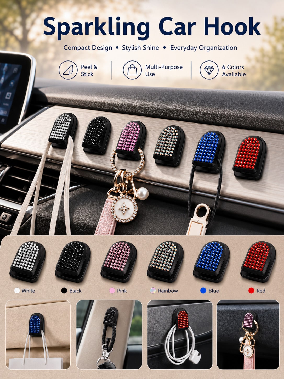 2pcs Shiny Car Hooks, Crystal Rhinestone Self-Adhesive Mini Storage Hooks, Sparkling Diamond Car Interior Accessories, Suitable For Women And Girls, Applicable To Dashboard, Hanging Keys, Cables, Mask