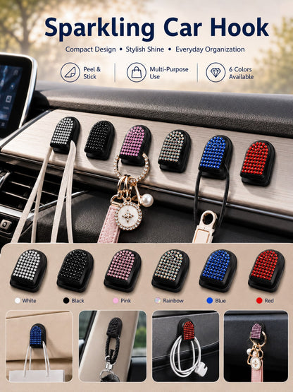 2pcs Shiny Car Hooks, Crystal Rhinestone Self-Adhesive Mini Storage Hooks, Sparkling Diamond Car Interior Accessories, Suitable For Women And Girls, Applicable To Dashboard, Hanging Keys, Cables, Mask