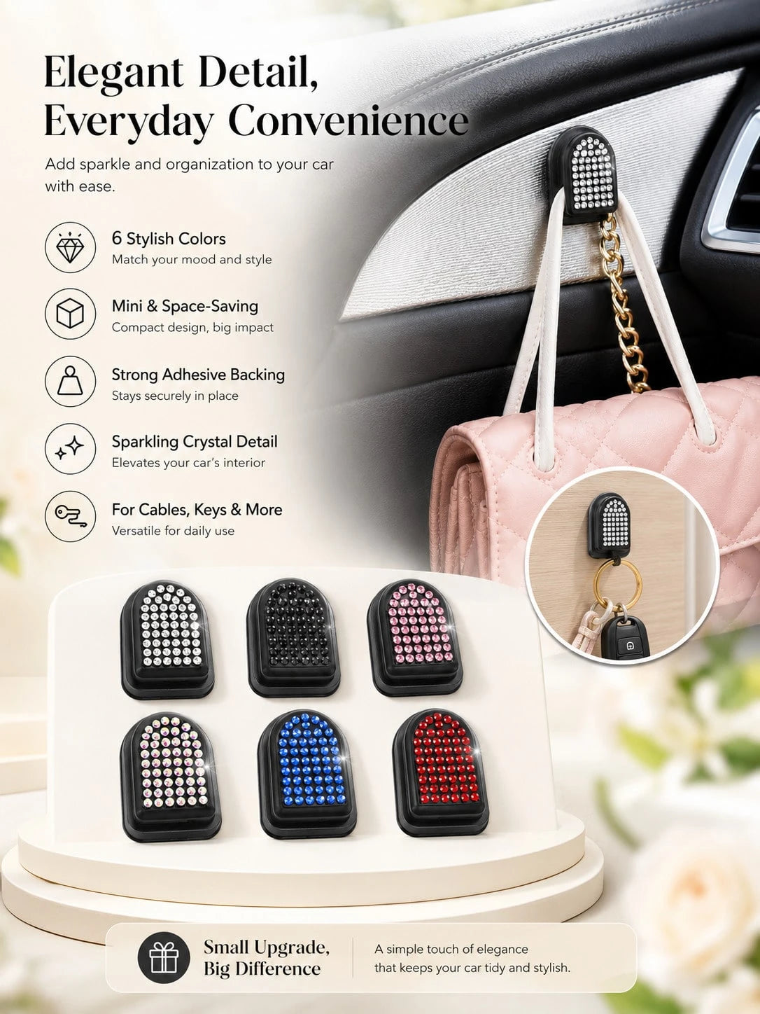 2pcs Shiny Car Hooks, Crystal Rhinestone Self-Adhesive Mini Storage Hooks, Sparkling Diamond Car Interior Accessories, Suitable For Women And Girls, Applicable To Dashboard, Hanging Keys, Cables, Mask