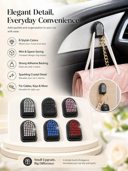 2pcs Shiny Car Hooks, Crystal Rhinestone Self-Adhesive Mini Storage Hooks, Sparkling Diamond Car Interior Accessories, Suitable For Women And Girls, Applicable To Dashboard, Hanging Keys, Cables, Mask