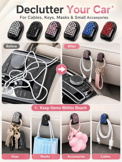 2pcs Shiny Car Hooks, Crystal Rhinestone Self-Adhesive Mini Storage Hooks, Sparkling Diamond Car Interior Accessories, Suitable For Women And Girls, Applicable To Dashboard, Hanging Keys, Cables, Mask