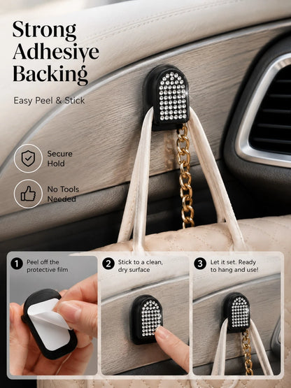 2pcs Shiny Car Hooks, Crystal Rhinestone Self-Adhesive Mini Storage Hooks, Sparkling Diamond Car Interior Accessories, Suitable For Women And Girls, Applicable To Dashboard, Hanging Keys, Cables, Mask