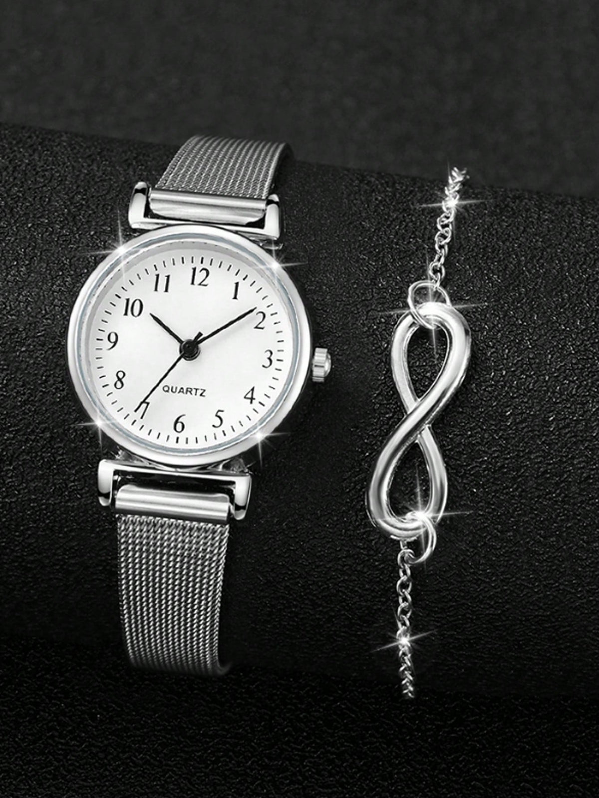 2pcs Simple Casual Women's Quartz Watches, Women's Minimalist Cool Style Infinity Symbol Quartz Watch Set, Including Silver Mesh Strap Watches With White Dial And Numeric Markers. Infinity Symbol Silv