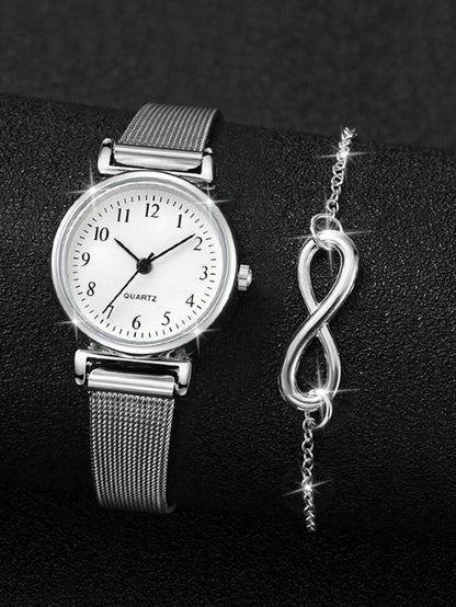 2pcs Simple Casual Women's Quartz Watches, Women's Minimalist Cool Style Infinity Symbol Quartz Watch Set, Including Silver Mesh Strap Watches With White Dial And Numeric Markers. Infinity Symbol Silv