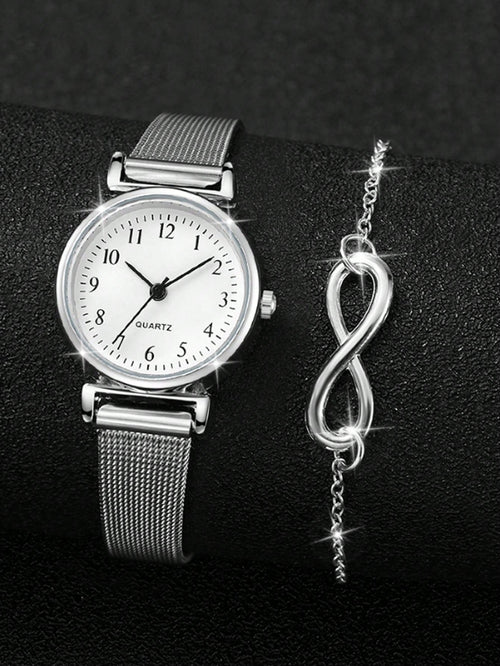 2pcs Simple Casual Women's Quartz Watches, Women's Minimalist Cool Style Infinity Symbol Quartz Watch Set, Including Silver Mesh Strap Watches With White Dial And Numeric Markers. Infinity Symbol Silv