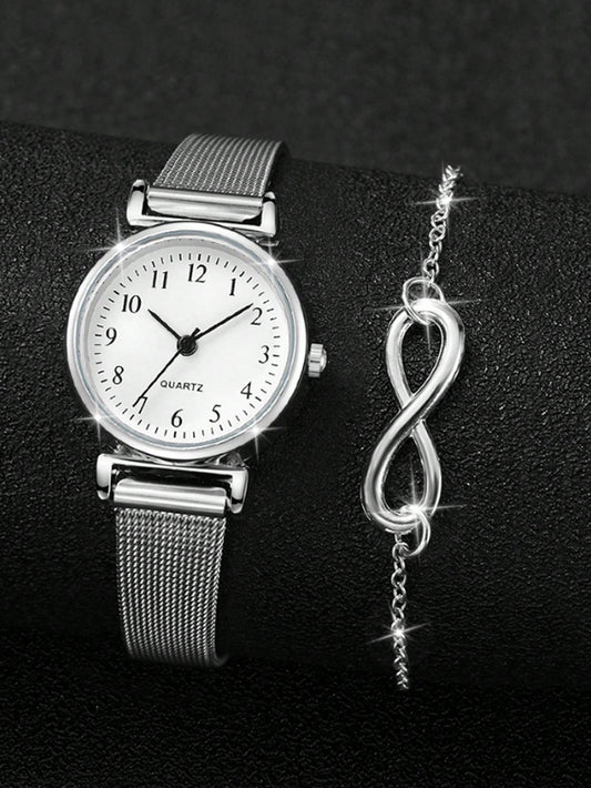 2pcs Simple Casual Women's Quartz Watches, Women's Minimalist Cool Style Infinity Symbol Quartz Watch Set, Including Silver Mesh Strap Watches With White Dial And Numeric Markers. Infinity Symbol Silv