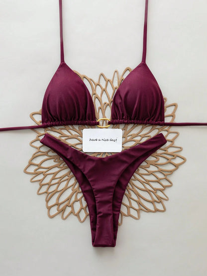 2pcs Solid Color Sexy Backless Tie-Up Bikini Swimwear, Suitable For Beach, Resort, Stage And Concert In Summer Vacation
