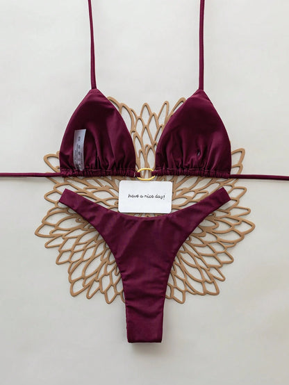 2pcs Solid Color Sexy Backless Tie-Up Bikini Swimwear, Suitable For Beach, Resort, Stage And Concert In Summer Vacation