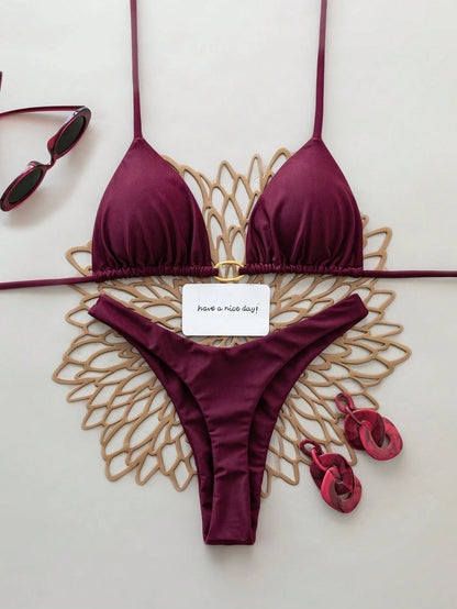 2pcs Solid Color Sexy Backless Tie-Up Bikini Swimwear, Suitable For Beach, Resort, Stage And Concert In Summer Vacation