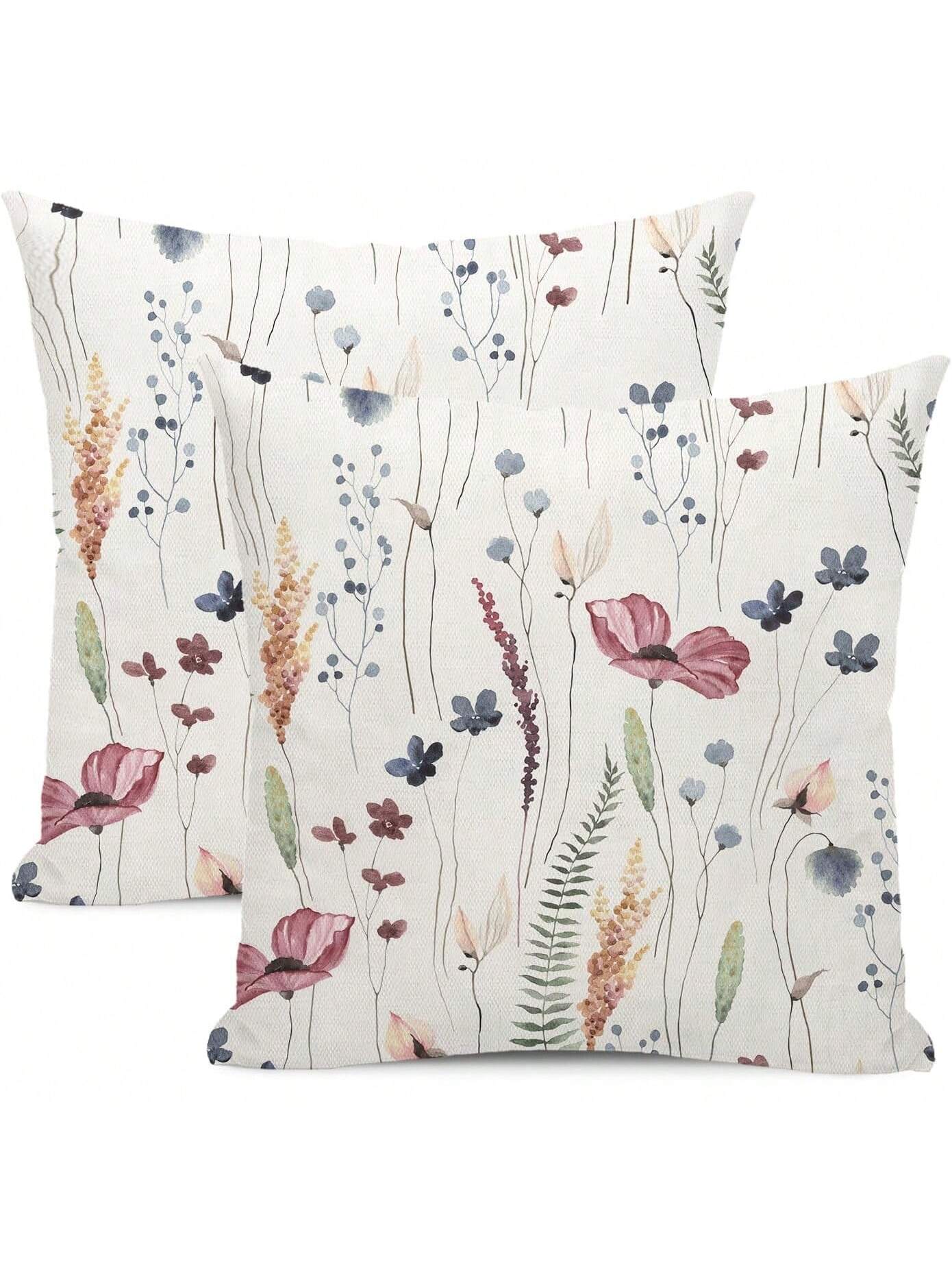 2pcs Spring Linen Pillowcase, Watercolor Blue & Green Wildflower Decor Farmhouse Style Pillowcase, Seasonal Home Sofa Decor, Single-Sided Print, Pillow Insert Not Included (16"X16", 18"X18", 20"X20")