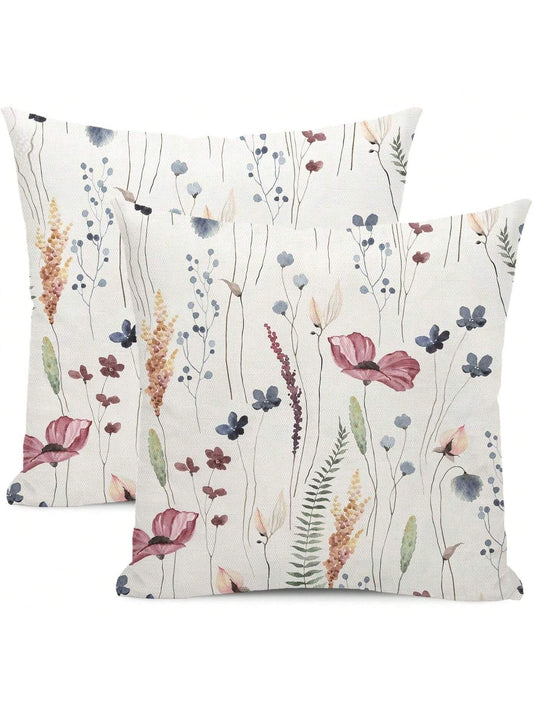 2pcs Spring Linen Pillowcase, Watercolor Blue & Green Wildflower Decor Farmhouse Style Pillowcase, Seasonal Home Sofa Decor, Single-Sided Print, Pillow Insert Not Included (16"X16", 18"X18", 20"X20")