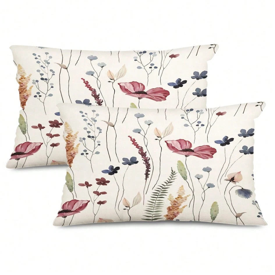 2pcs Spring Linen Pillowcase, Watercolor Blue & Green Wildflower Decor Farmhouse Style Pillowcase, Seasonal Home Sofa Decor, Single-Sided Print, Pillow Insert Not Included (16"X16", 18"X18", 20"X20")