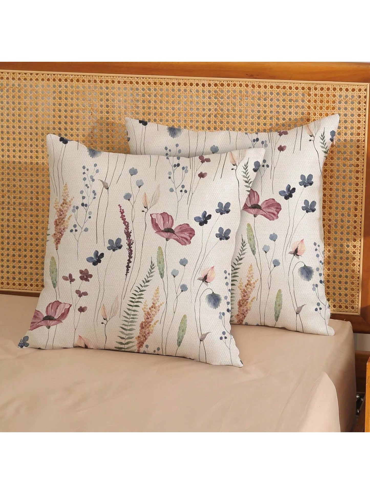 2pcs Spring Linen Pillowcase, Watercolor Blue & Green Wildflower Decor Farmhouse Style Pillowcase, Seasonal Home Sofa Decor, Single-Sided Print, Pillow Insert Not Included (16"X16", 18"X18", 20"X20")