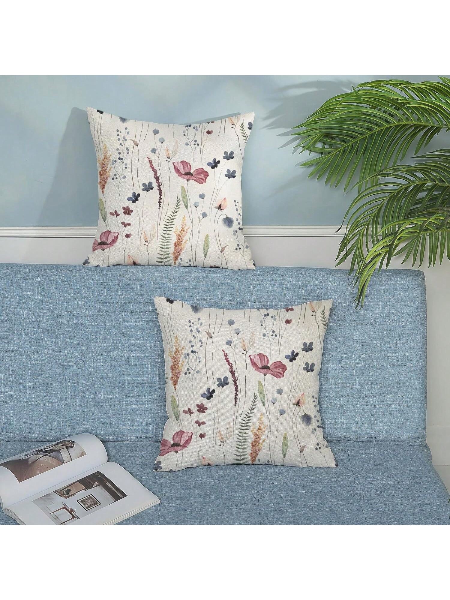 2pcs Spring Linen Pillowcase, Watercolor Blue & Green Wildflower Decor Farmhouse Style Pillowcase, Seasonal Home Sofa Decor, Single-Sided Print, Pillow Insert Not Included (16"X16", 18"X18", 20"X20")