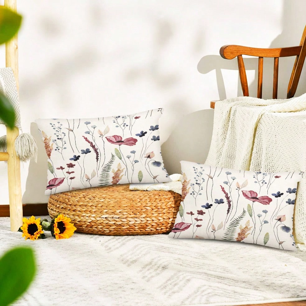 2pcs Spring Linen Pillowcase, Watercolor Blue & Green Wildflower Decor Farmhouse Style Pillowcase, Seasonal Home Sofa Decor, Single-Sided Print, Pillow Insert Not Included (16"X16", 18"X18", 20"X20")