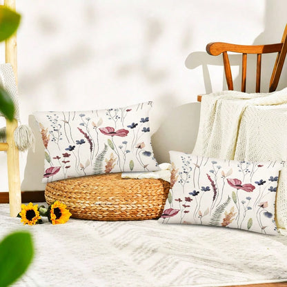 2pcs Spring Linen Pillowcase, Watercolor Blue & Green Wildflower Decor Farmhouse Style Pillowcase, Seasonal Home Sofa Decor, Single-Sided Print, Pillow Insert Not Included (16"X16", 18"X18", 20"X20")