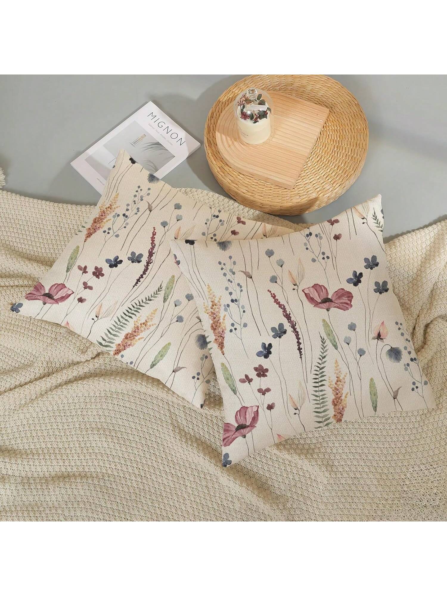2pcs Spring Linen Pillowcase, Watercolor Blue & Green Wildflower Decor Farmhouse Style Pillowcase, Seasonal Home Sofa Decor, Single-Sided Print, Pillow Insert Not Included (16"X16", 18"X18", 20"X20")