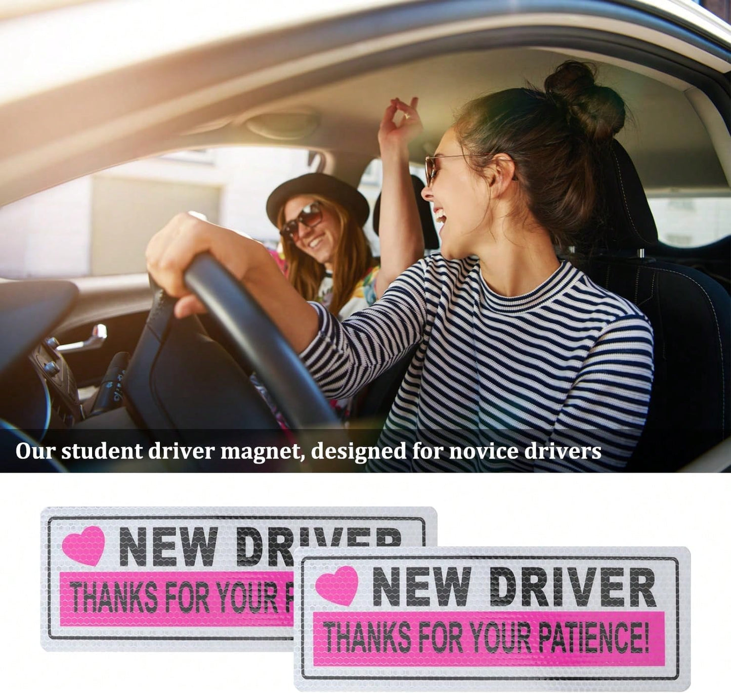2PCS Student Driver Magnet For Car,Reflective New Driver Sticker Car Decorations For Safety Warning,Essential Please Be Patient Student Driver Magnet Car Accessories (Pink 1)