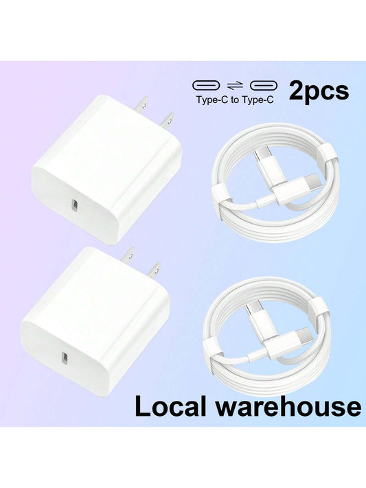 2pcs Type C Phone Charger Set: Fast Charging Chargers With 4FT C-C Cables – Compatible With 16/15 Series Mobile Device Charger| Local Warehouse High Output Power