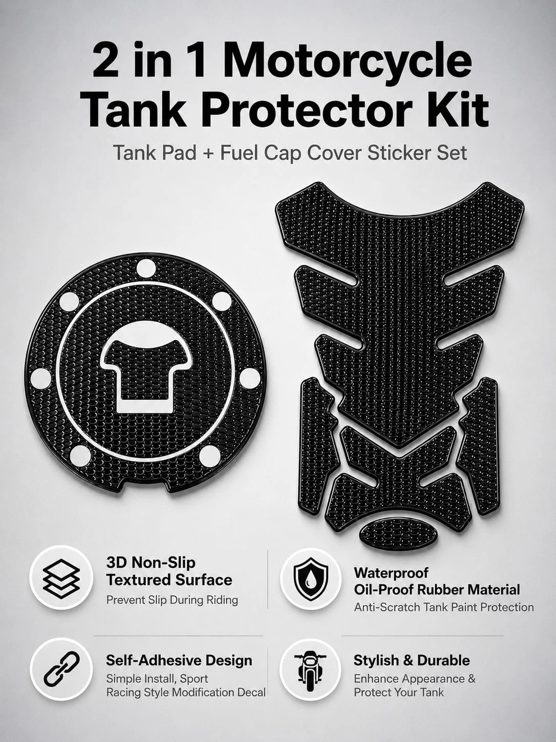2pcs Universal Motorcycle Fuel Tank Sticker Set, Anti-Slip Fishbone Fuel Tank Sticker + Fuel Tank Cap Sticker, Waterproof Scratch-Resistant Self-Adhesive Decorative Decal, Suitable For Motorcycle Modi