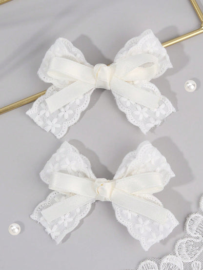 2pcs White Hair Clips, Girls Style, White Embroidered Flower Bow Hair Clips, Solid Color Ribbon Bow Alligator Clips, Girls Fabric Lace Bow Hair Clips, Wedding Party Hair Clips, Head Accessories, Baby