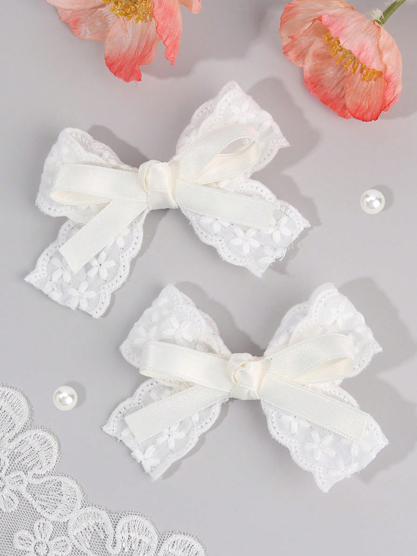 2pcs White Hair Clips, Girls Style, White Embroidered Flower Bow Hair Clips, Solid Color Ribbon Bow Alligator Clips, Girls Fabric Lace Bow Hair Clips, Wedding Party Hair Clips, Head Accessories, Baby