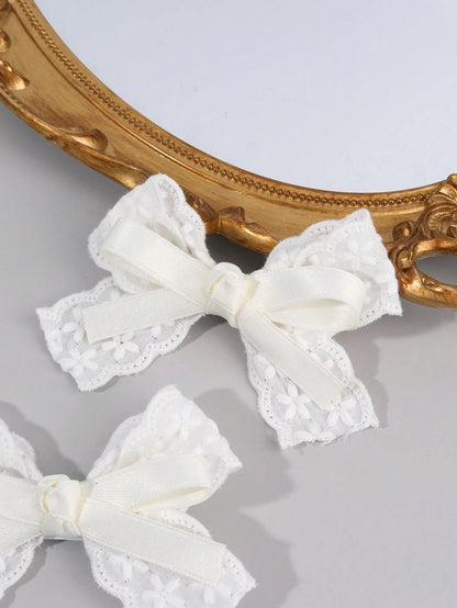 2pcs White Hair Clips, Girls Style, White Embroidered Flower Bow Hair Clips, Solid Color Ribbon Bow Alligator Clips, Girls Fabric Lace Bow Hair Clips, Wedding Party Hair Clips, Head Accessories, Baby