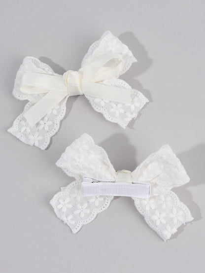 2pcs White Hair Clips, Girls Style, White Embroidered Flower Bow Hair Clips, Solid Color Ribbon Bow Alligator Clips, Girls Fabric Lace Bow Hair Clips, Wedding Party Hair Clips, Head Accessories, Baby
