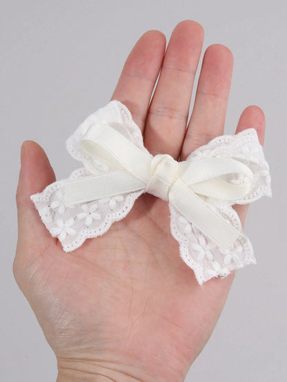 2pcs White Hair Clips, Girls Style, White Embroidered Flower Bow Hair Clips, Solid Color Ribbon Bow Alligator Clips, Girls Fabric Lace Bow Hair Clips, Wedding Party Hair Clips, Head Accessories, Baby