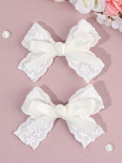 2pcs White Hair Clips, Girls Style, White Embroidered Flower Bow Hair Clips, Solid Color Ribbon Bow Alligator Clips, Girls Fabric Lace Bow Hair Clips, Wedding Party Hair Clips, Head Accessories, Baby
