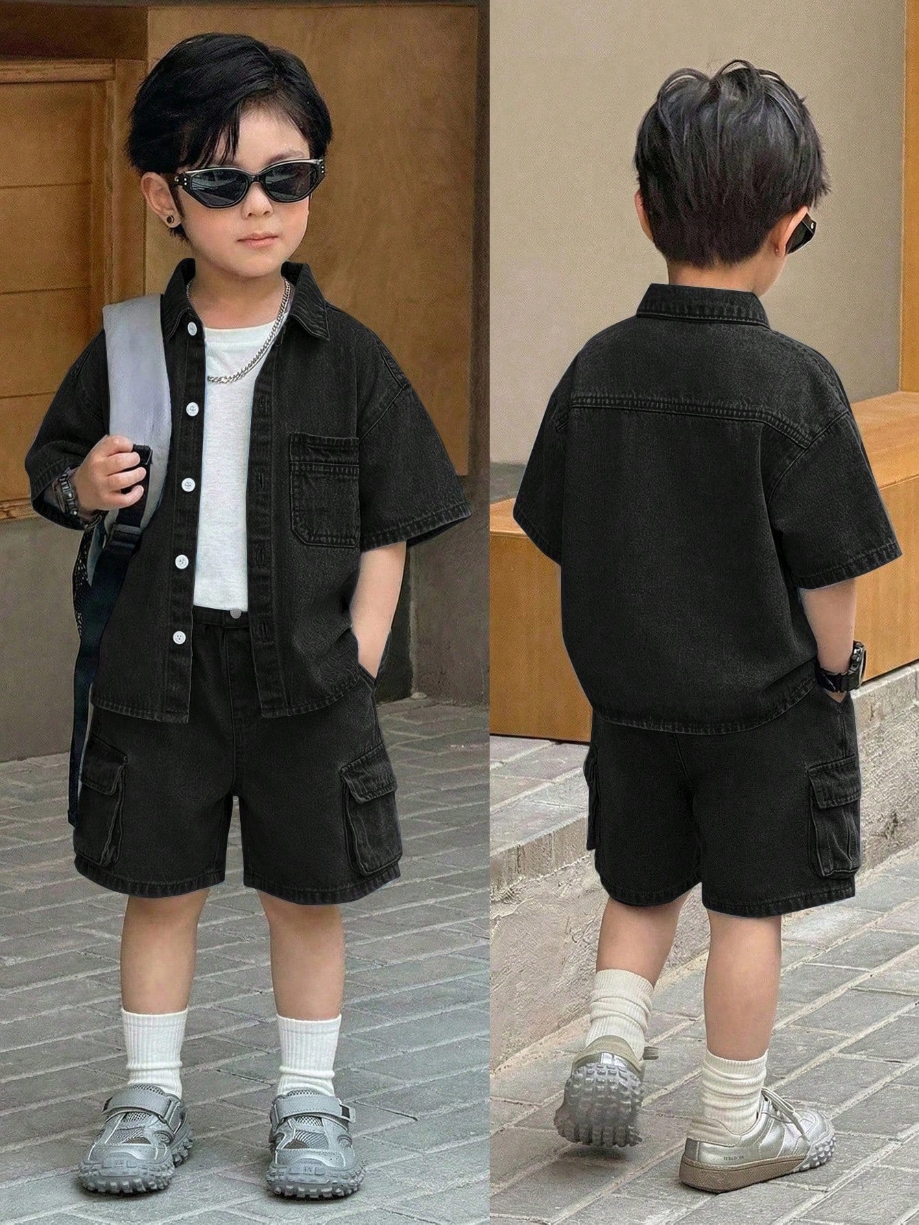 2pcs Young BoyLoose Denim Blue Short Sleeve Shirt And Cargo Shorts Set