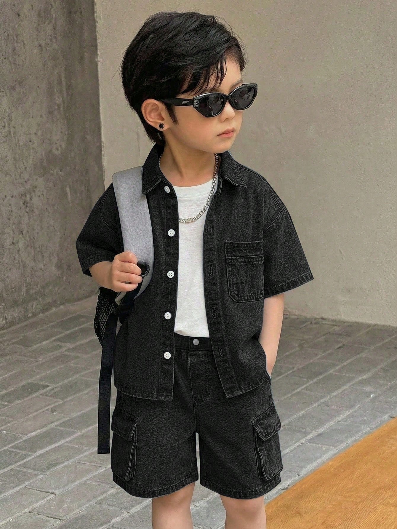 2pcs Young BoyLoose Denim Blue Short Sleeve Shirt And Cargo Shorts Set