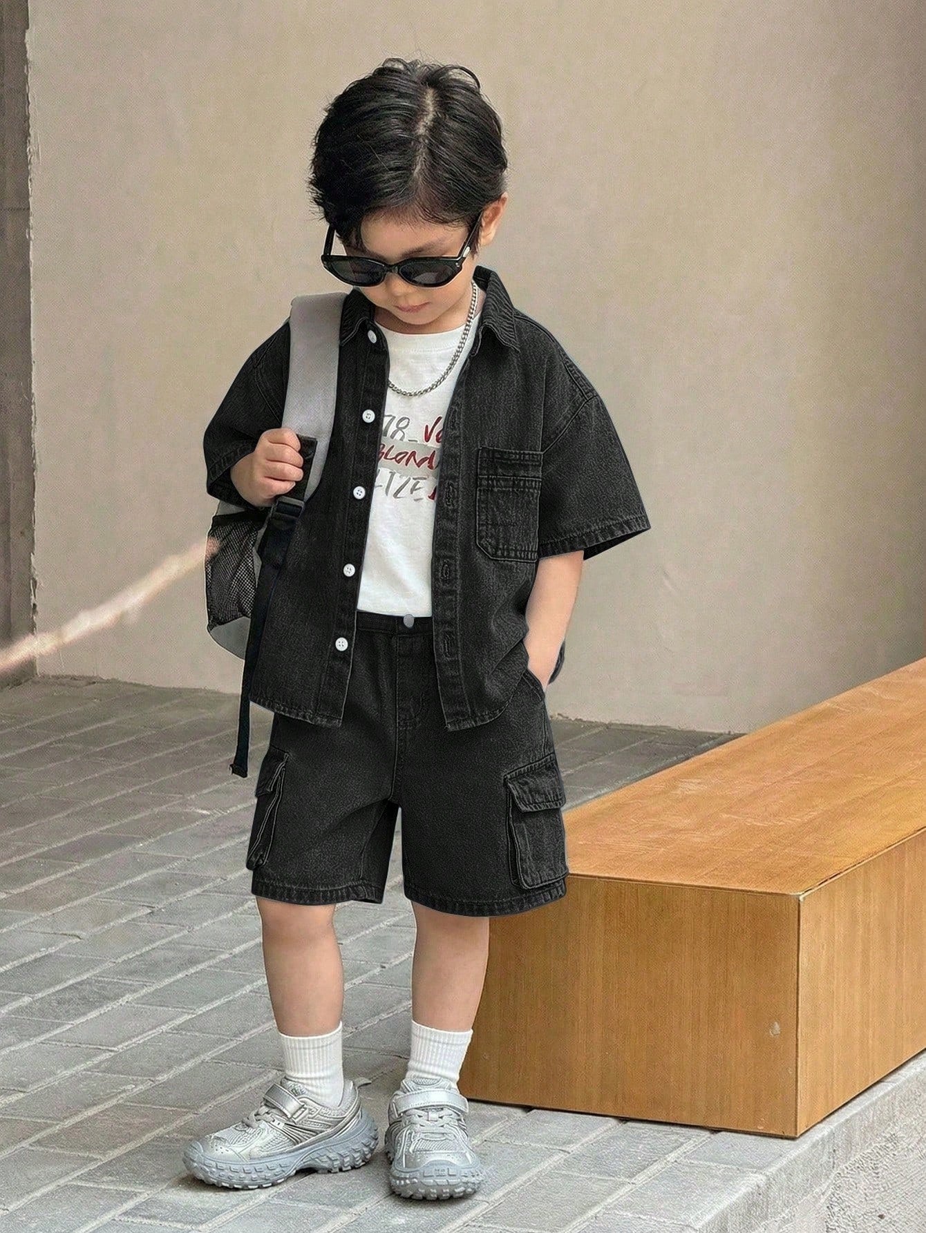 2pcs Young BoyLoose Denim Blue Short Sleeve Shirt And Cargo Shorts Set