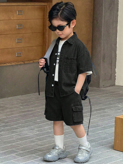 2pcs Young BoyLoose Denim Blue Short Sleeve Shirt And Cargo Shorts Set