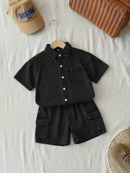 2pcs Young BoyLoose Denim Blue Short Sleeve Shirt And Cargo Shorts Set