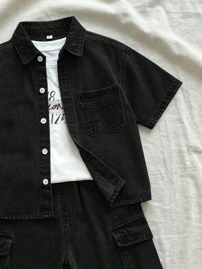 2pcs Young BoyLoose Denim Blue Short Sleeve Shirt And Cargo Shorts Set