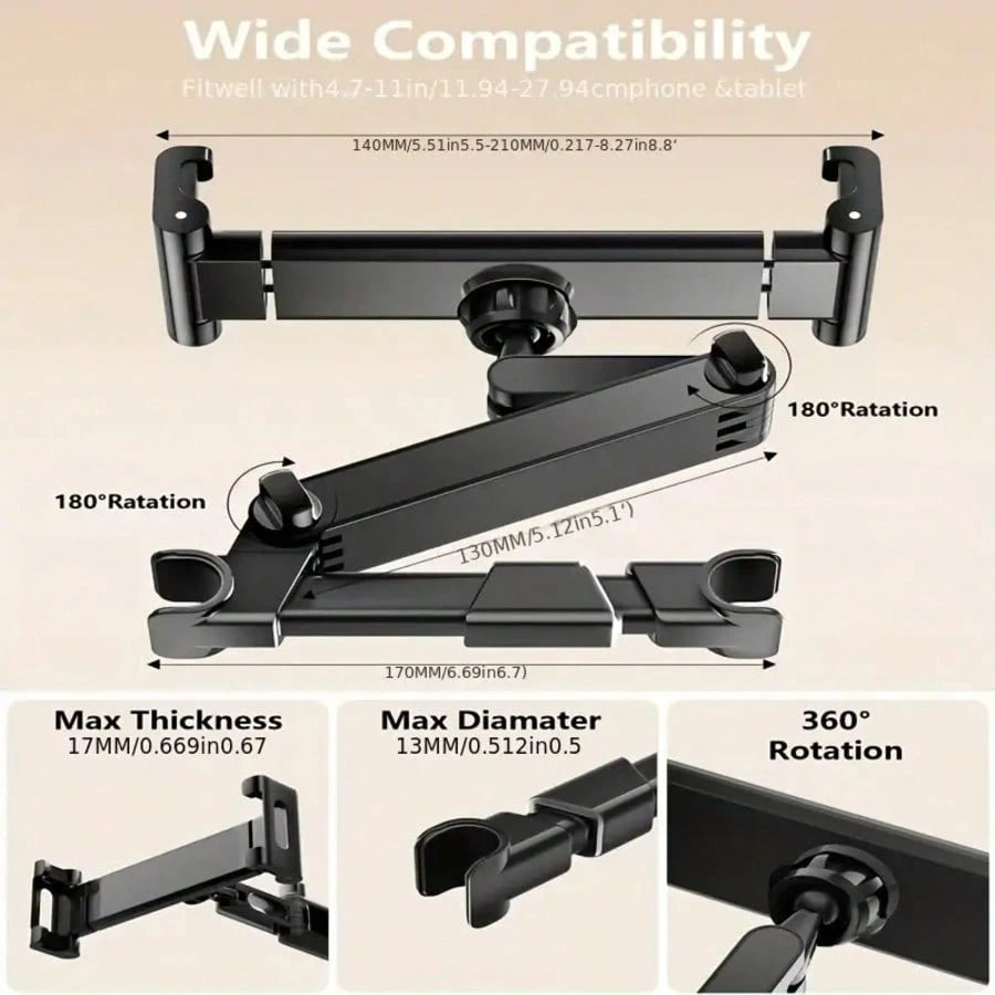 [3-In-1 Car Headrest Bracket]360-Degree Rotation Adjustable, Suitable For 4.7 To 11 Inches, Car Mobile Phone Accessories, Back Of The Head Extended 360° Rotating Mobile Phone Holder, Tablet Holder, Ca