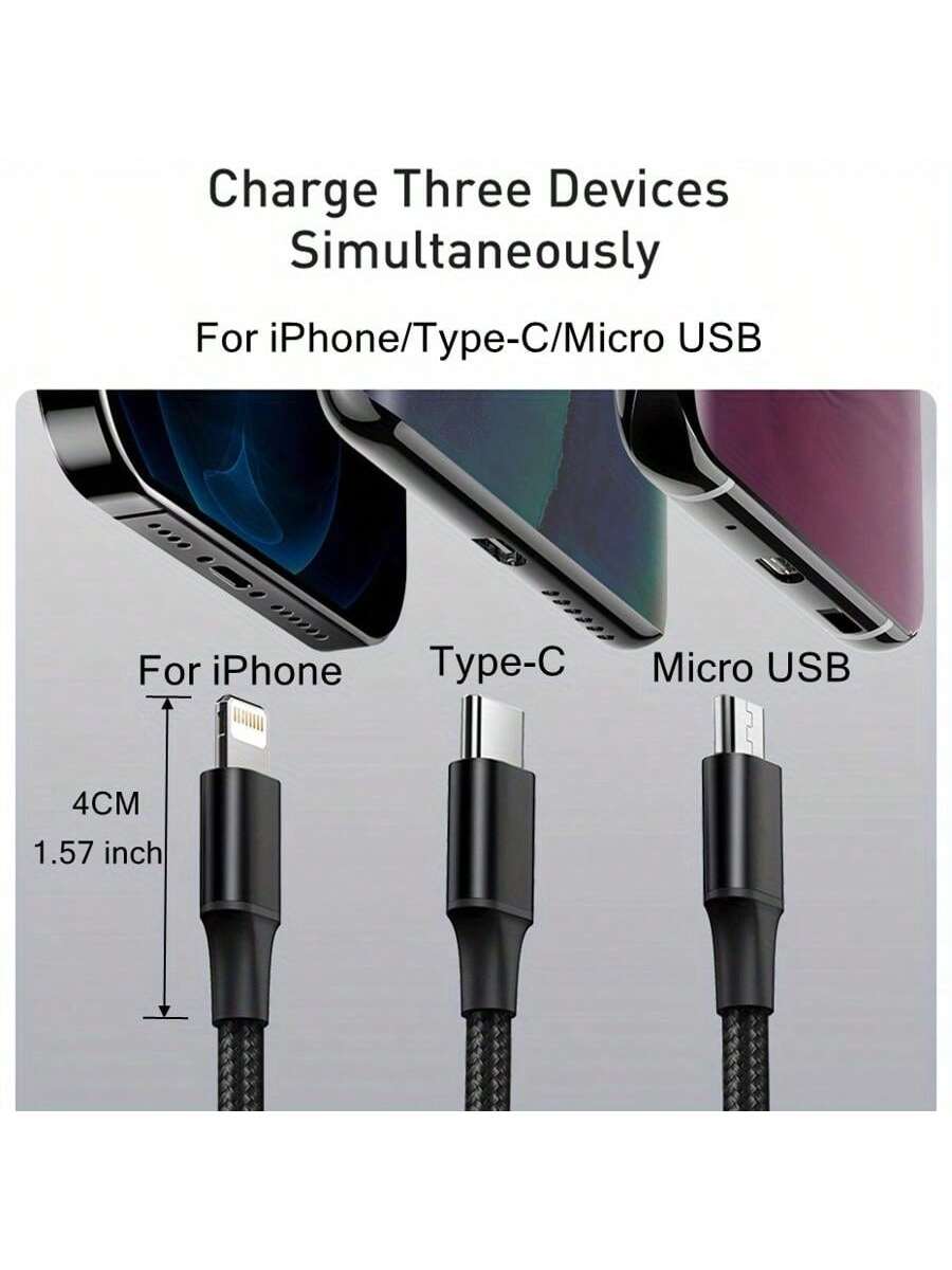 3-In-1 USB Charging Cable, Compatible With IPhone/Type-C/Micro USB Ports, Compatible With IPhone 14/13/12 Pro Max/Xs Max, Compatible With Android Phones, Cameras, MP3 Players And Other Devices, Univer