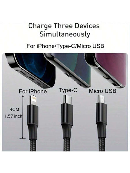 3-In-1 USB Charging Cable, Compatible With IPhone/Type-C/Micro USB Ports, Compatible With IPhone 14/13/12 Pro Max/Xs Max, Compatible With Android Phones, Cameras, MP3 Players And Other Devices, Univer