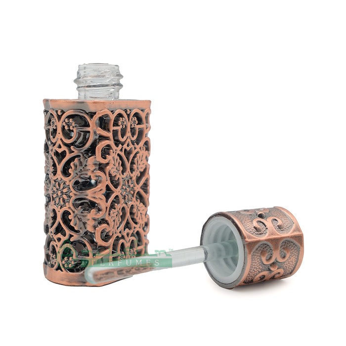 3 ml Pure Green Papuan Oud Perfume Oil in Bronze Arabesque Encased Glass Dipstick Bottle (Antiqued Finish)