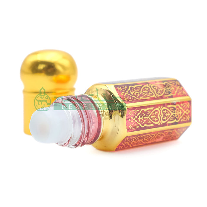 3 ml Sultan Oud Perfume Oil in Small Gold-Tone Arabesque Roll-On Glass Bottle (Plastic Cap – Blue, Green, or Red)