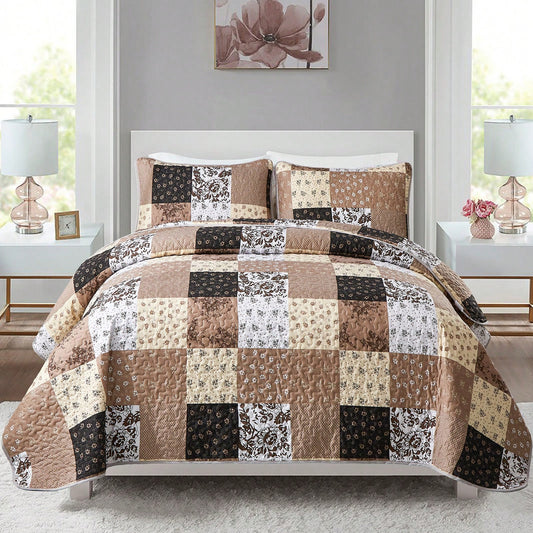 3 Pieces Floral Plaid Khaki Queen King California King Size Reversible Bedspread Coverlet Set,Soft Microfiber Bedding Set Pillowcase Fall Autumn Summer Use For Wedding Items, Halloween Day Home Bed Ro