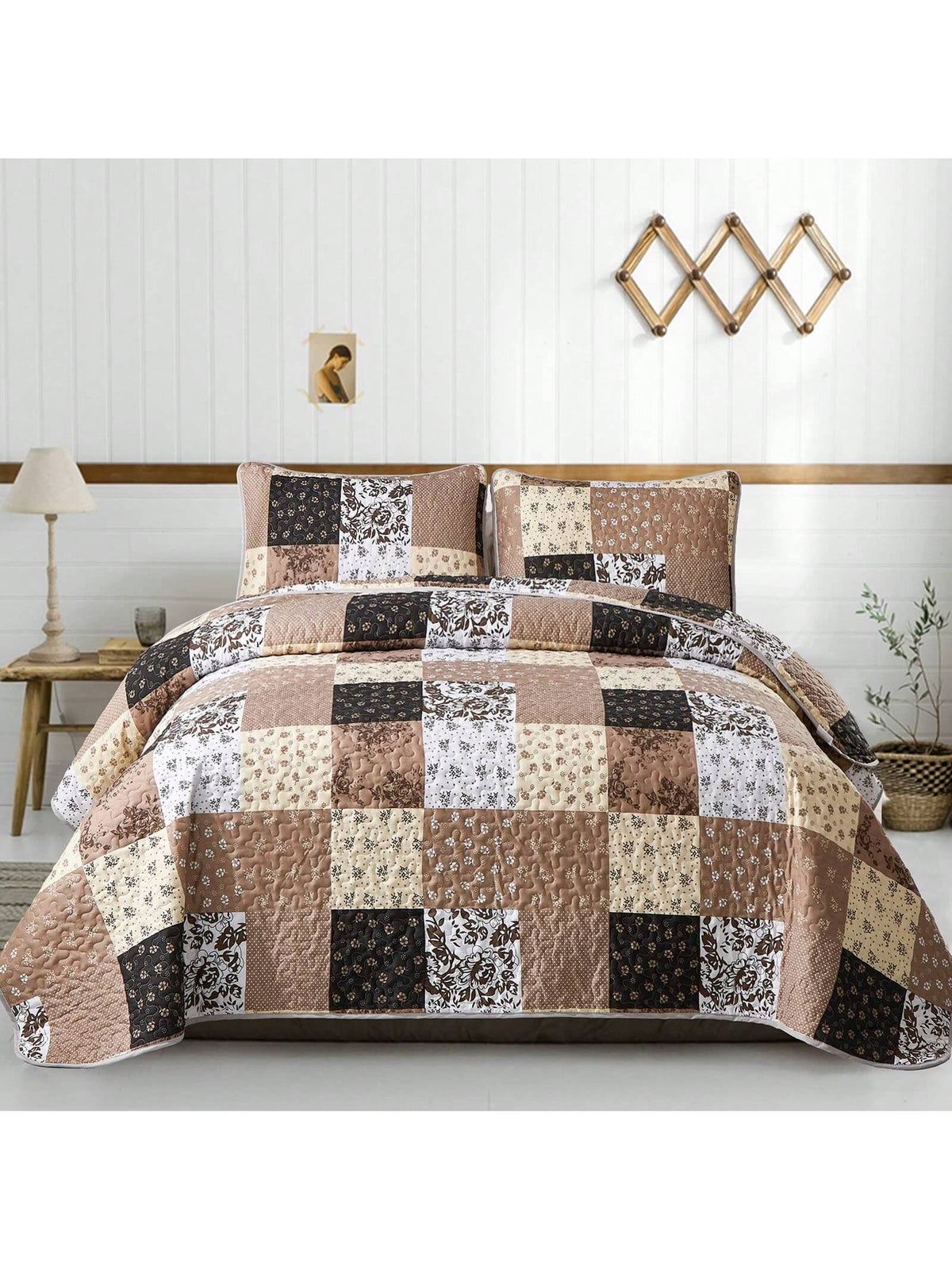3 Pieces Floral Plaid Khaki Queen King California King Size Reversible Bedspread Coverlet Set,Soft Microfiber Bedding Set Pillowcase Fall Autumn Summer Use For Wedding Items, Halloween Day Home Bed Ro